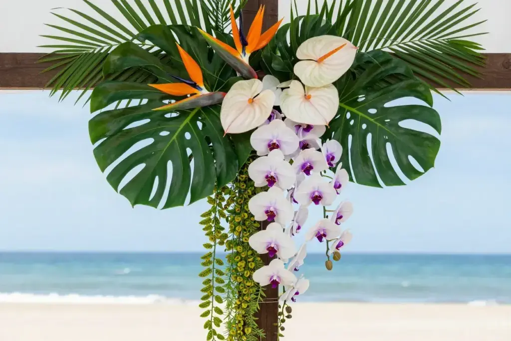 The bold tropical cascade with bird of paradise and monstera