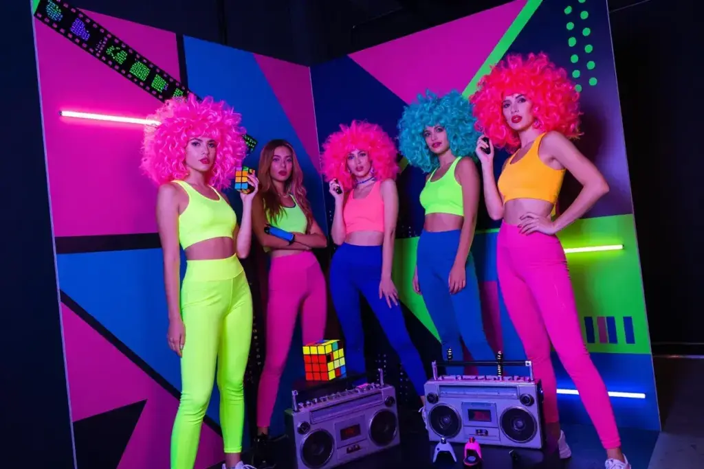 1980s neon geometric patterns big hair rubiks cube props