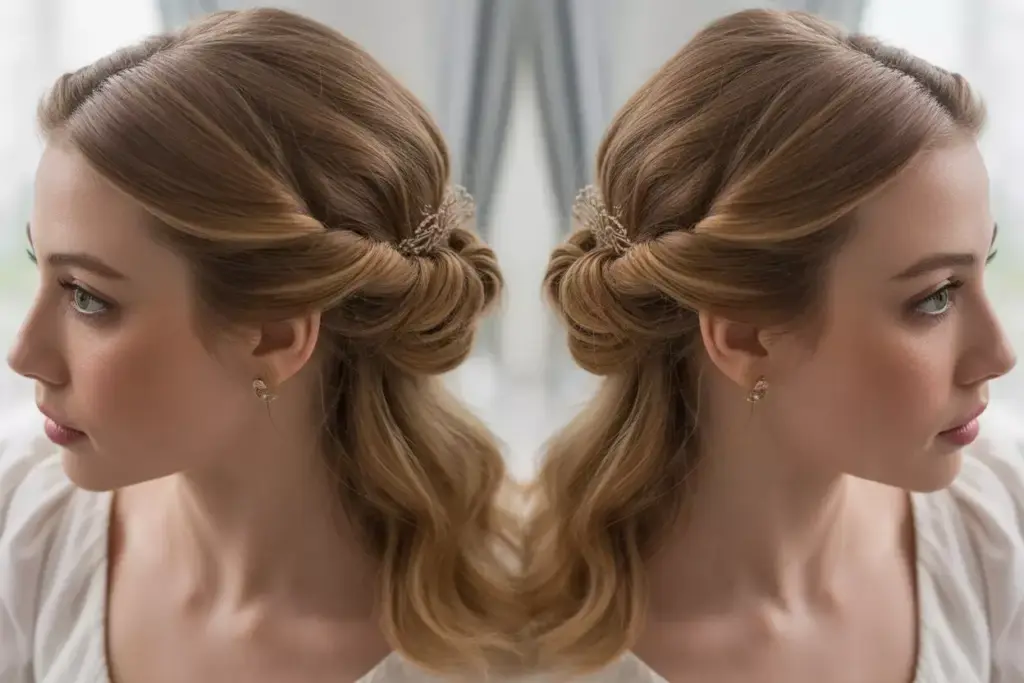 Half up twisted crown with loose waves and decorative comb