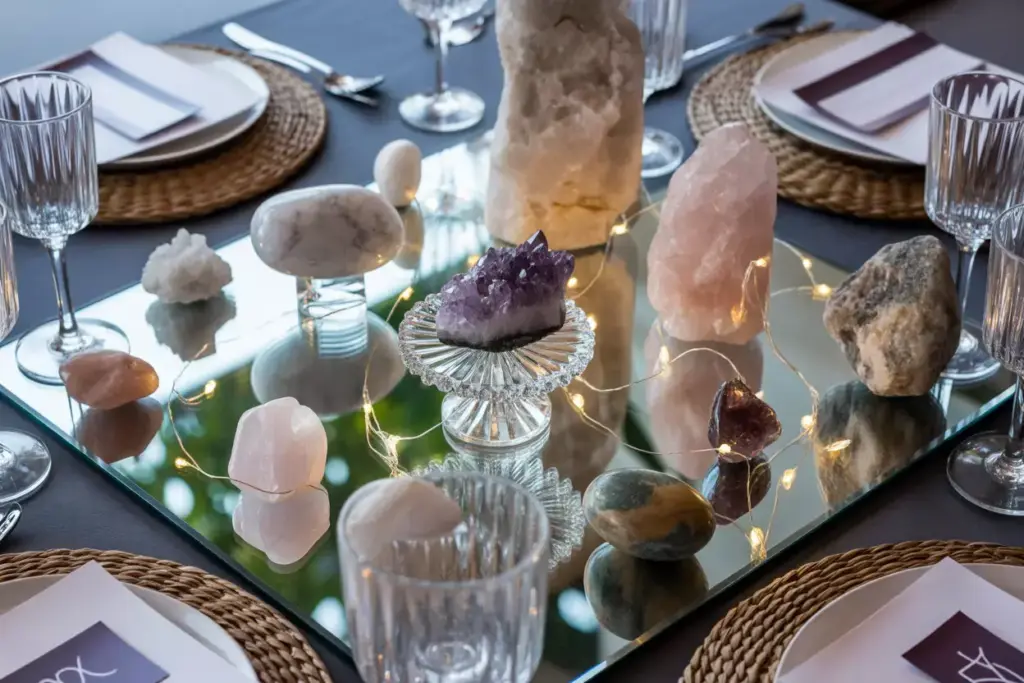 Luxury crystal gemstone display on mirror with spotlights