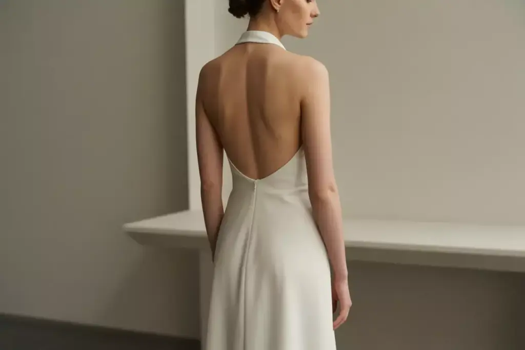 Minimalist crepe halter sheath dress with dramatic low back