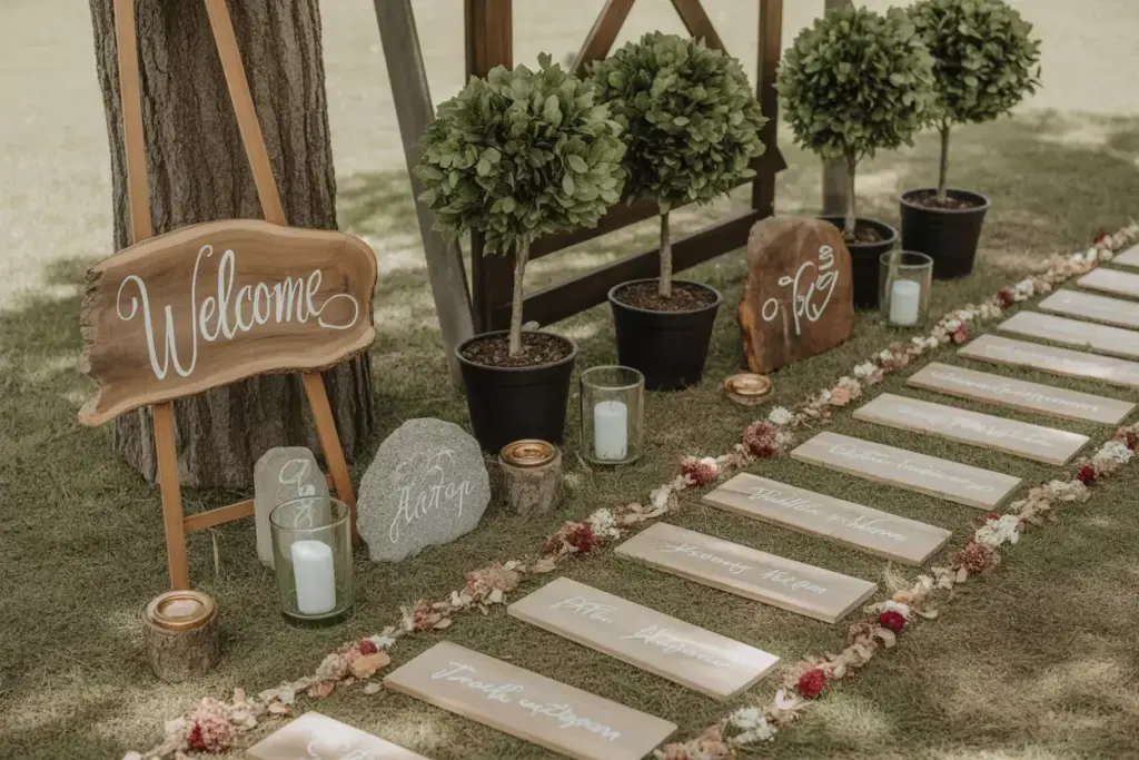 Natural wedding decor wood sign living arch petals candles