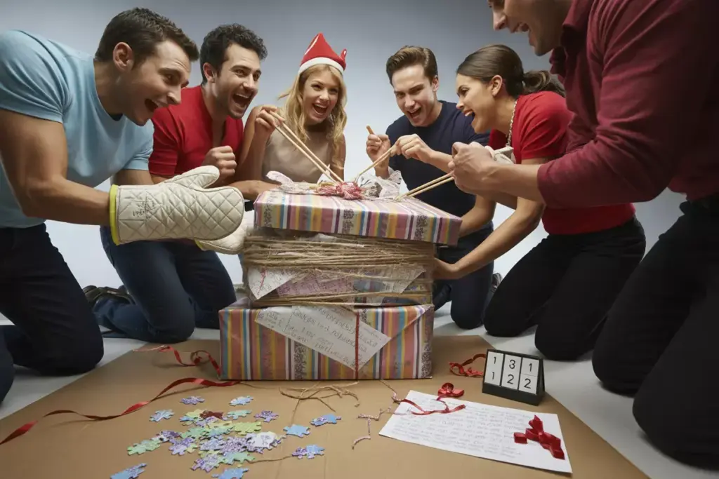 The great gift unwrapping relay race teams frantically removing layers