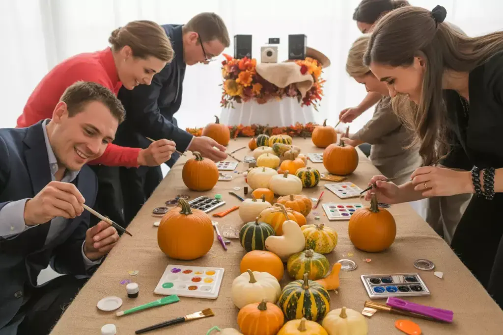 Wedding guests decorating pumpkins at interactive craft station