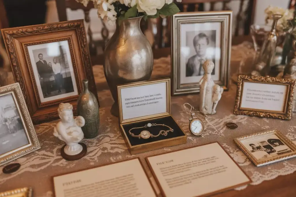 Family heirloom centerpiece with vintage photos and jewelry