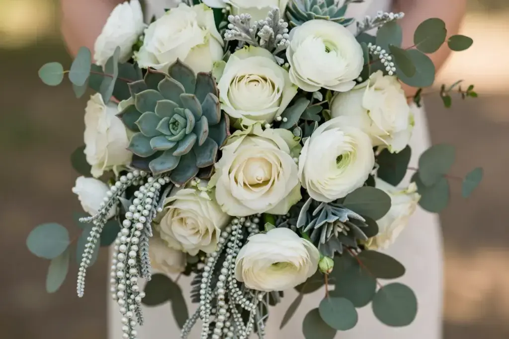 The textural succulent and rose fusion with string of pearls