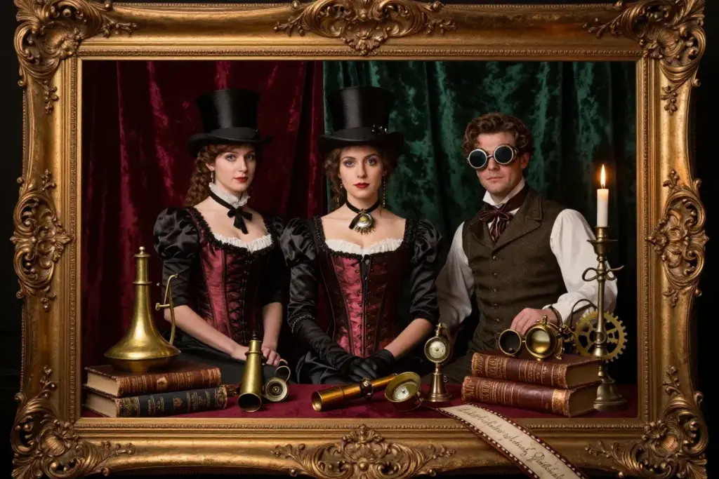 Victorian steampunk velvet backdrop corset brass gears props