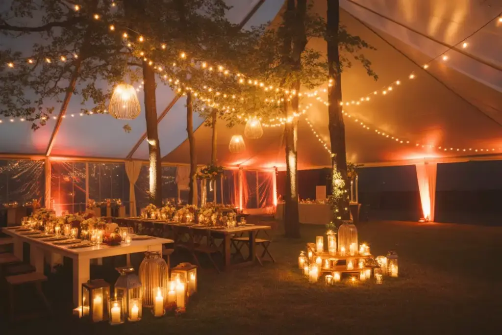 Warm autumn lighting with string lights lanterns and candles