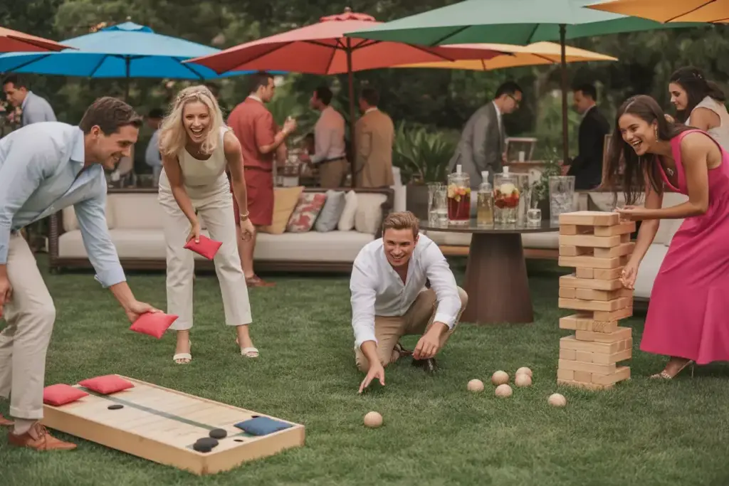 Wedding guest lawn games lounge area beverage station