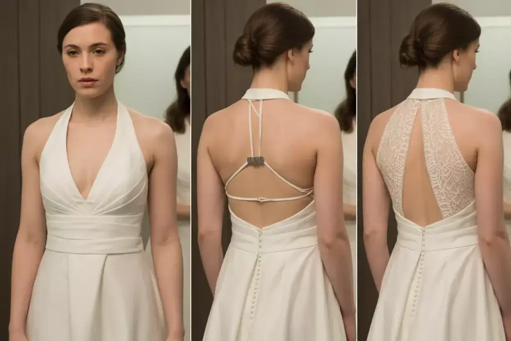 Convertible halter wedding dress with detachable back panel