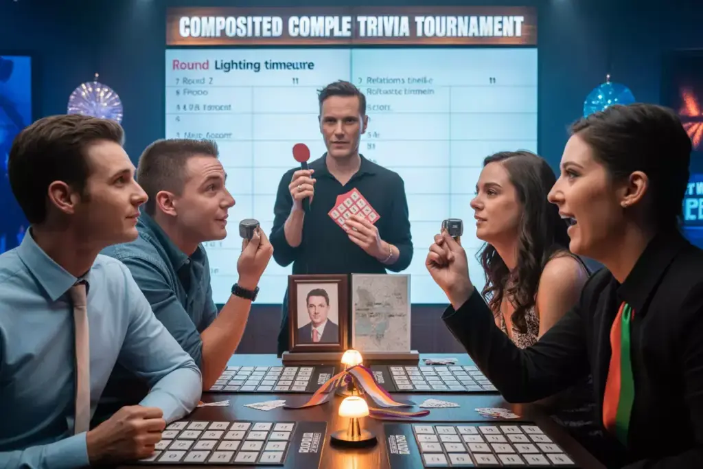 Customized couple trivia tournament teams buzzers and host with questions