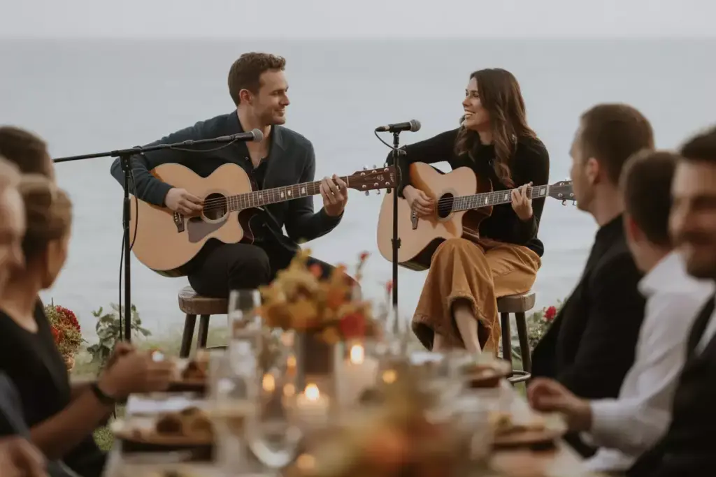 Live acoustic duo performing at autumn wedding dinner