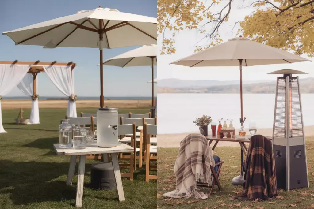 Seasonal wedding planning summer shade fall blankets heaters