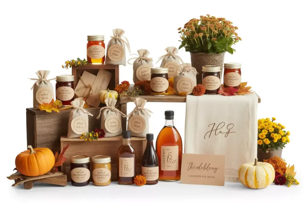 Assortment of personalized autumn wedding favors on display