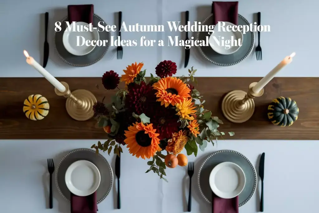 Autumn wedding table setting with centerpiece candles and pumpkins