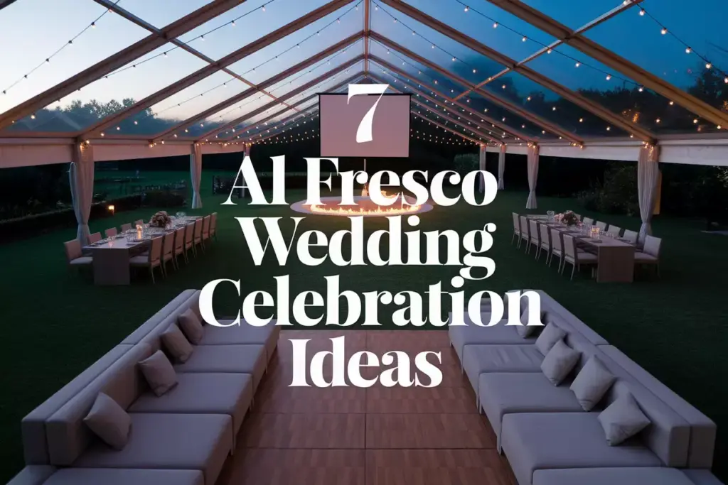 Elegant outdoor wedding reception at dusk with tent and fire pit