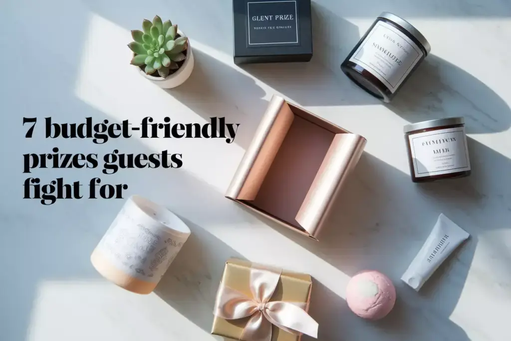 Flat lay seven affordable bridal shower game prizes circle