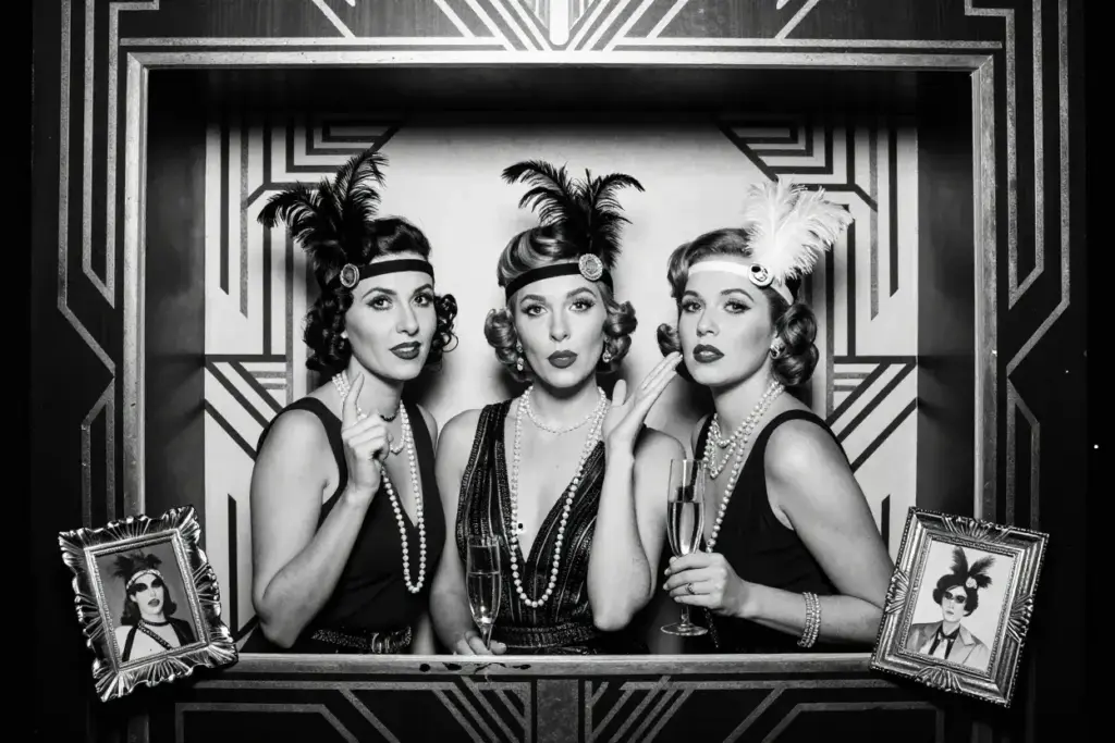 Art deco glamour photo booth guests with feathers and geometric backdrop