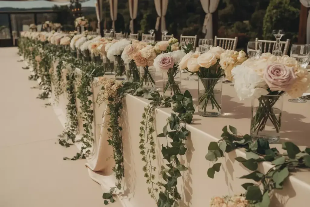 Blush pink cascading peony rose arrangements on white head table