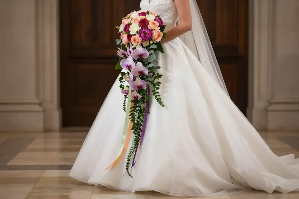 Cascading waterfall bouquet bride walking down grand aisle
