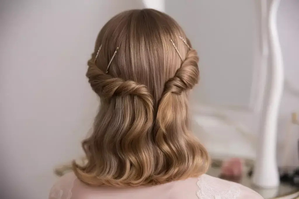 Classic twisted half up hairstyle with soft waves and crown securing