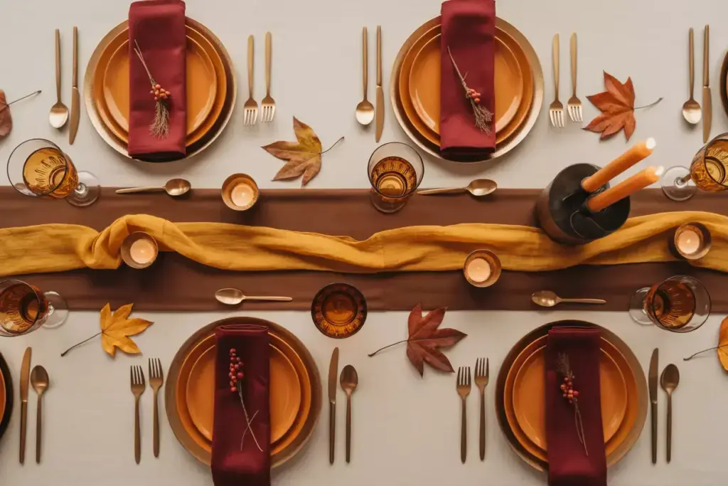 Embrace rich warm color palettes table setting flat lay