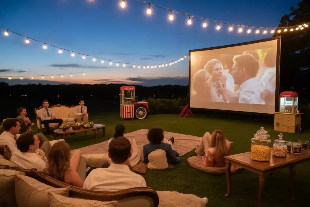 Outdoor wedding reception movie night under twinkling stars