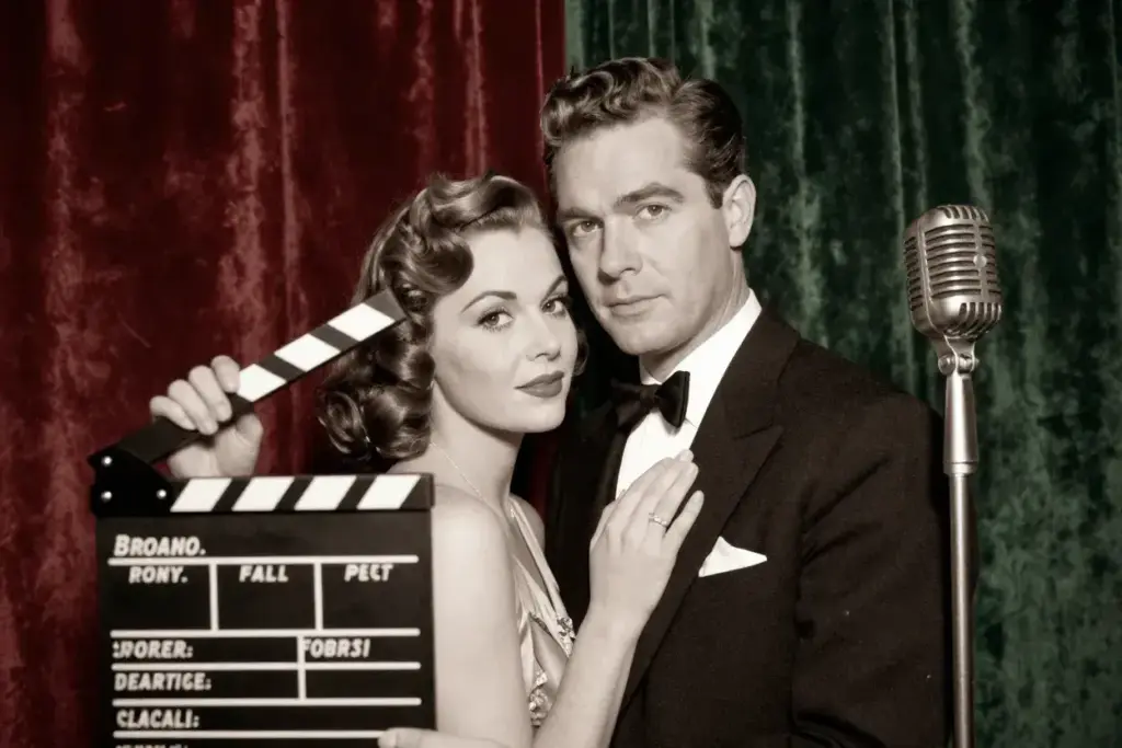Classic hollywood studio portrait with velvet curtain and vintage props