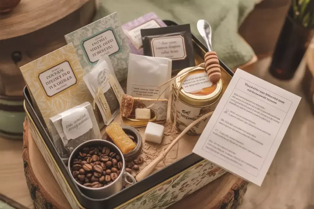 Gourmet tea coffee sampler assortment with accessories