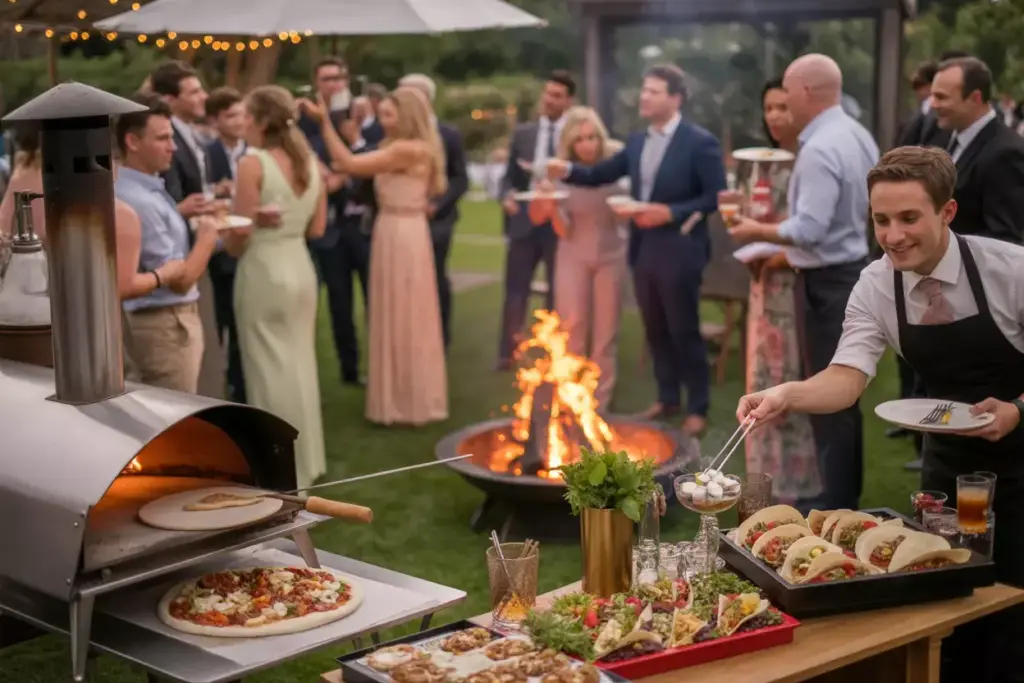 Live cooking cocktail and smores stations at wedding