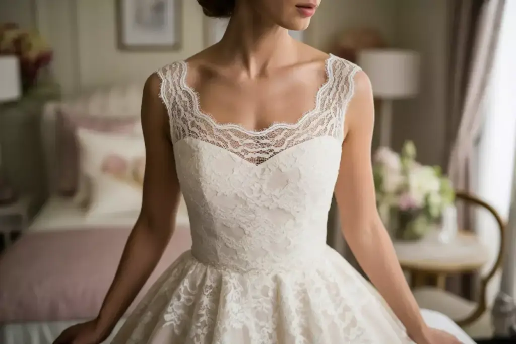 Romantic lace scoop neck dress garden detail appliques