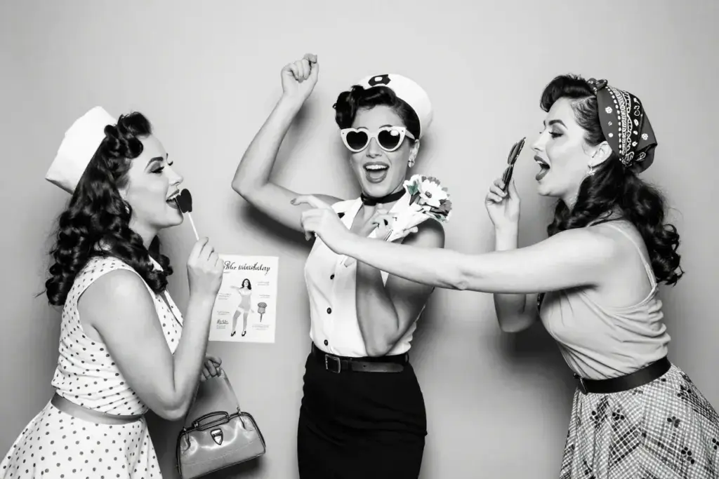 Pin up style playful pose with bandana flowers and retro props