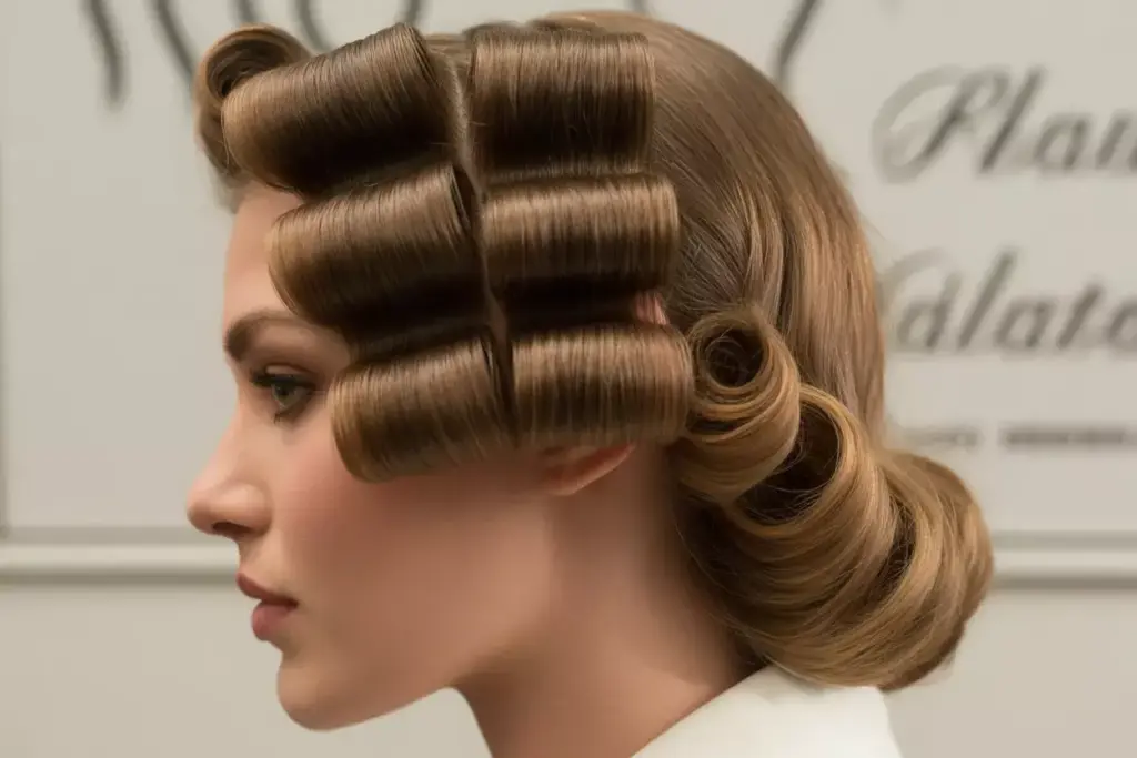 Vintage pin curl half updo with sculpted curls and waves