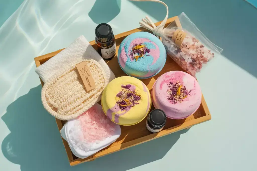 Artisanal bath bombs spa kit loofah salts flat lay