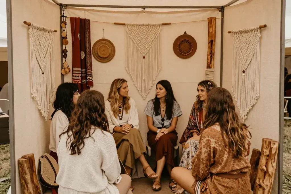 Bohemian vintage setting with macrame natural fibers and earth tones