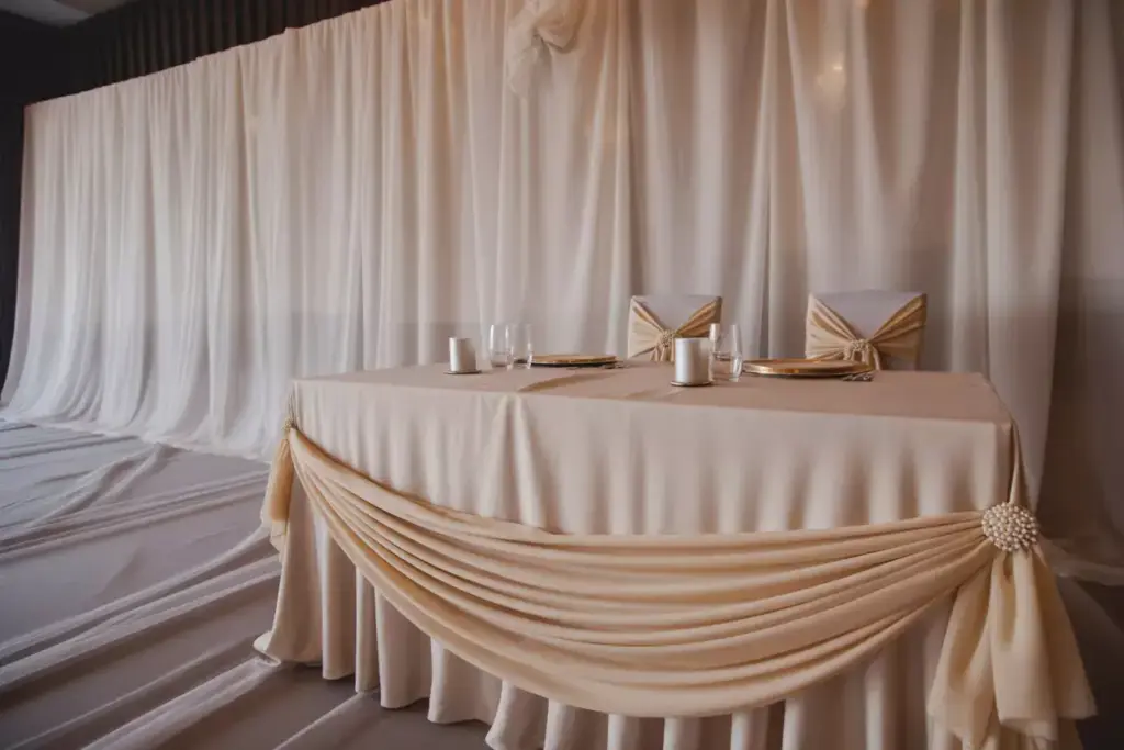 Chiffon runner swag and tulle backdrop with silk chair sashes