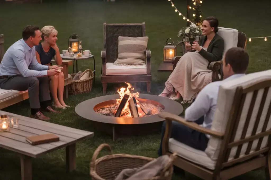 Cozy fire pit seating with guests and blankets at wedding