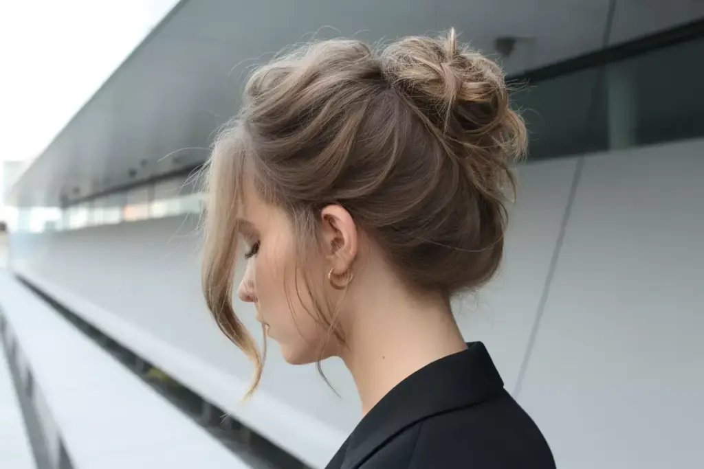 Modern textured half updo with undone twists and beachy waves