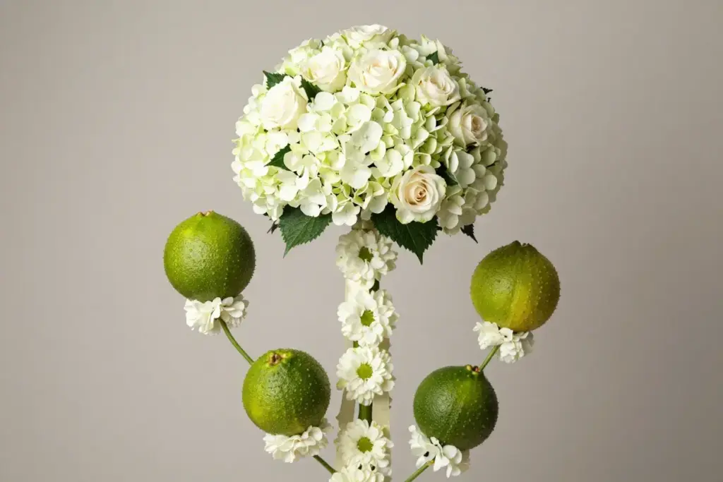Pomander trail bouquet with connected floral spheres still life