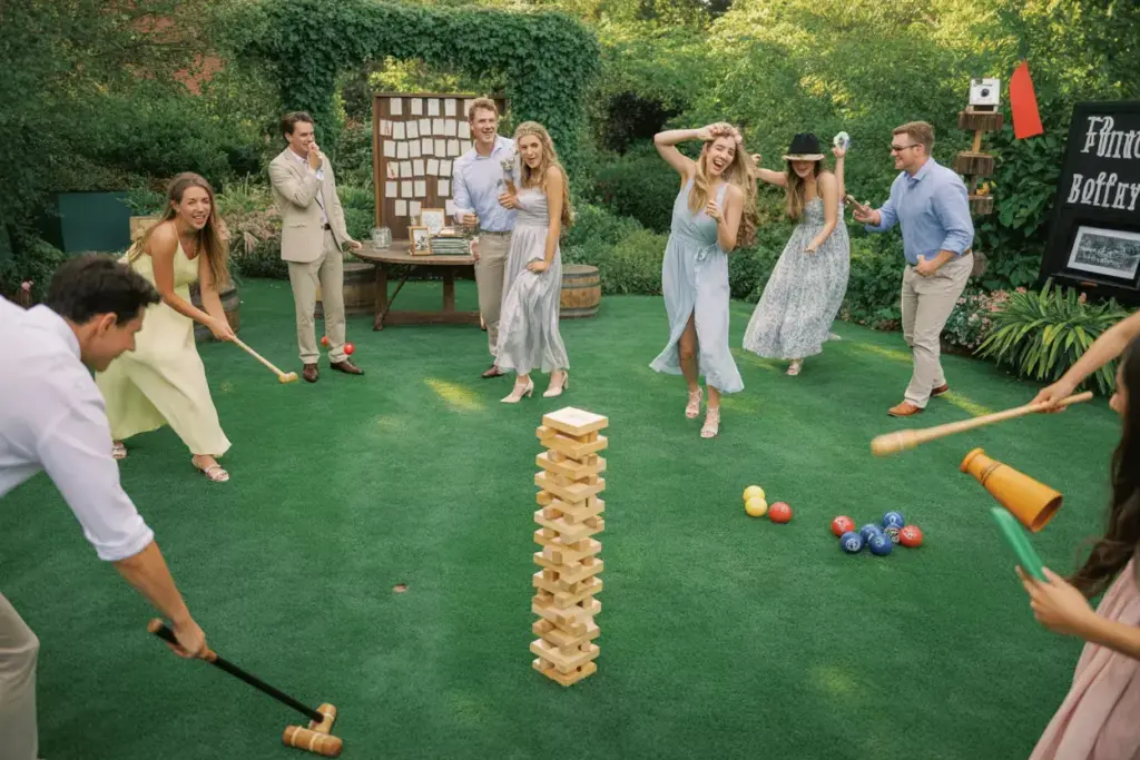 Guests playing croquet jenga and cornhole on wedding lawn