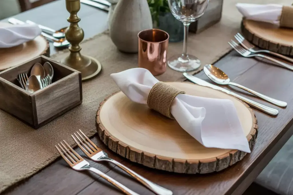 Rustic elegance natural textures wood charger burlap napkin ring vintage brass