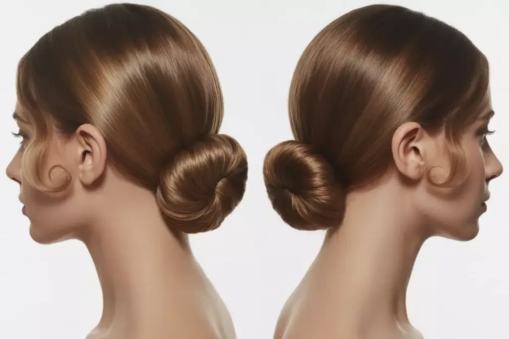 Sleek low chignon with curled face framing pieces and glossy finish