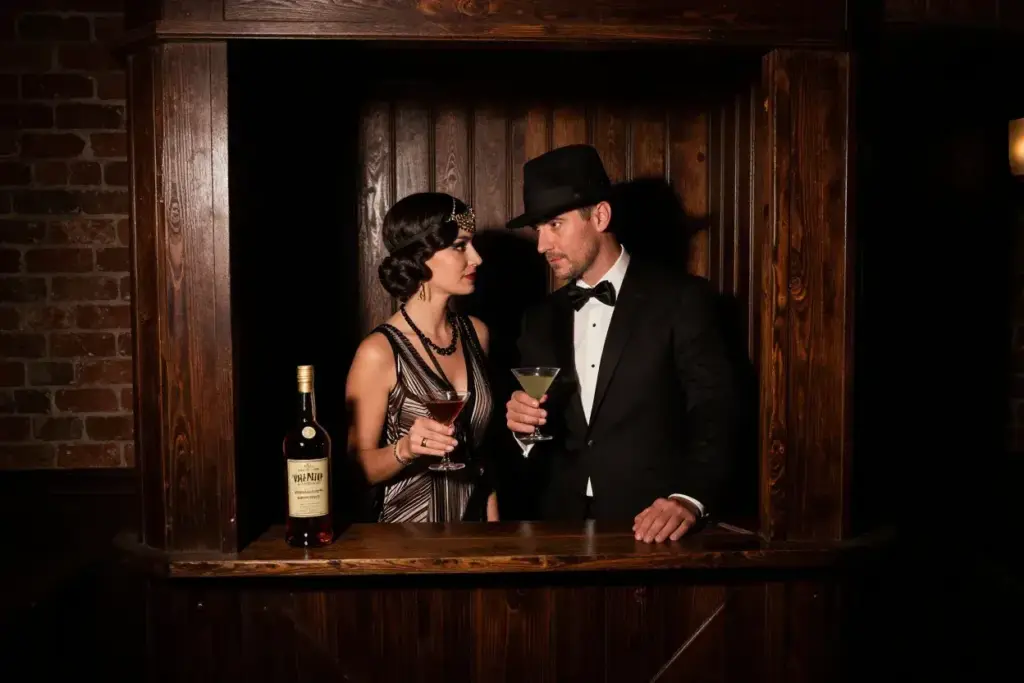 Speakeasy themed booth with brick wall whiskey bottles and fedoras