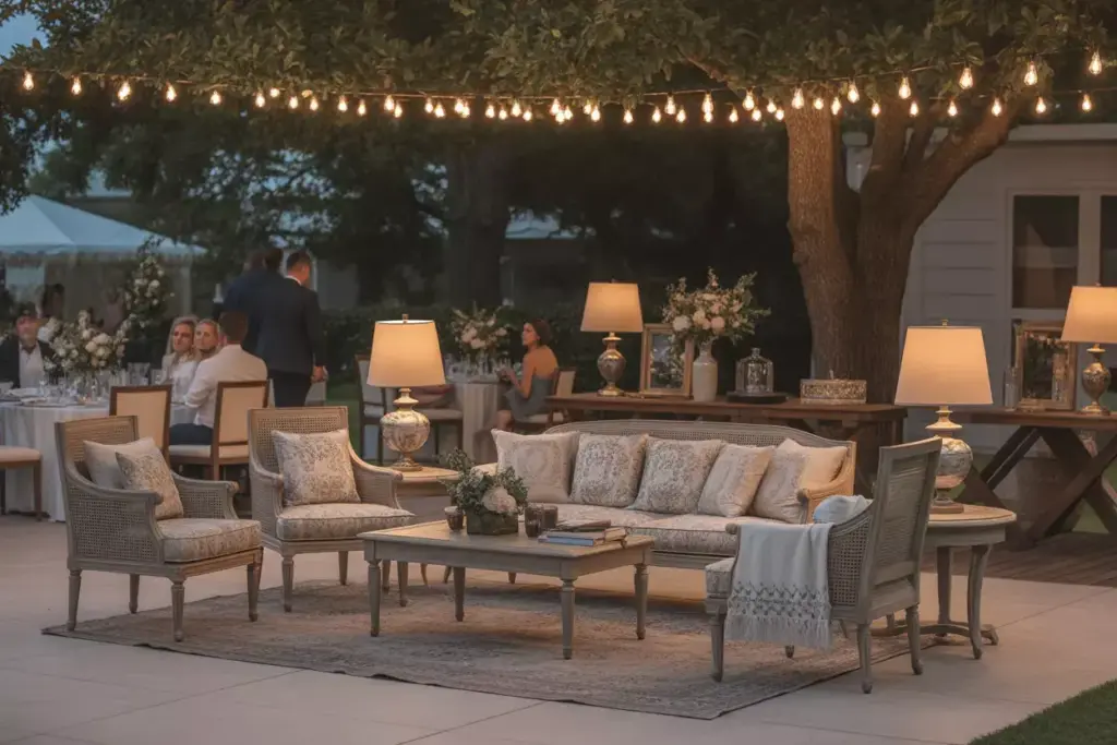Elegant outdoor lounge with sofa lamps and string lights