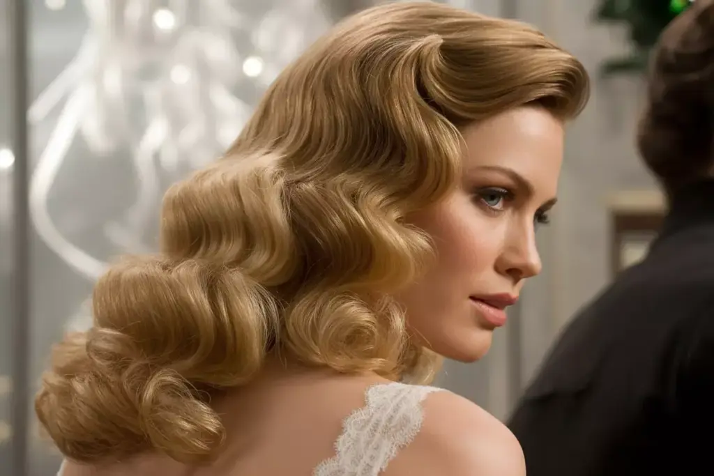 Romantic hollywood waves half updo with voluminous s curls