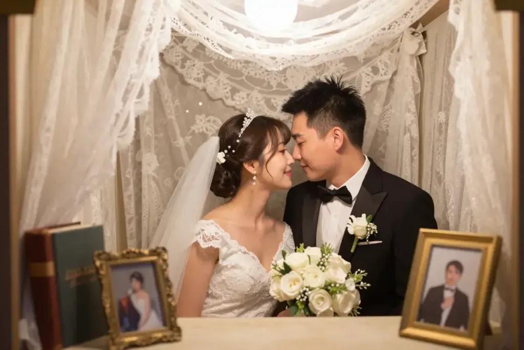 Romantic wedding couple with lace draping and antique frame