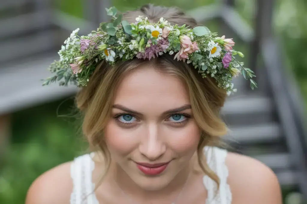 Fresh flower crown half up style with botanical blossoms and loose hair