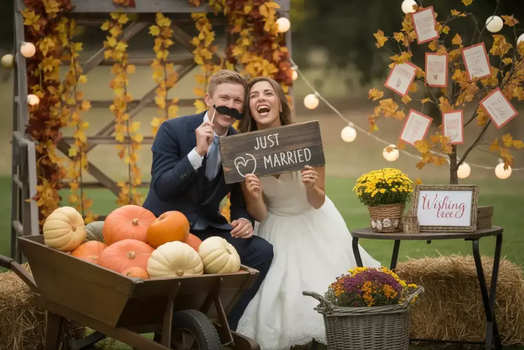 Interactive decor guest engagement harvest photo booth wheelbarrow wishing tree