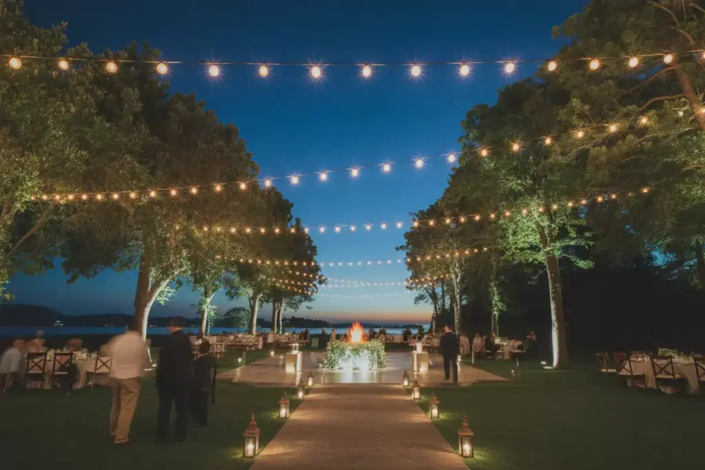 Magical outdoor wedding venue with layered lighting at night