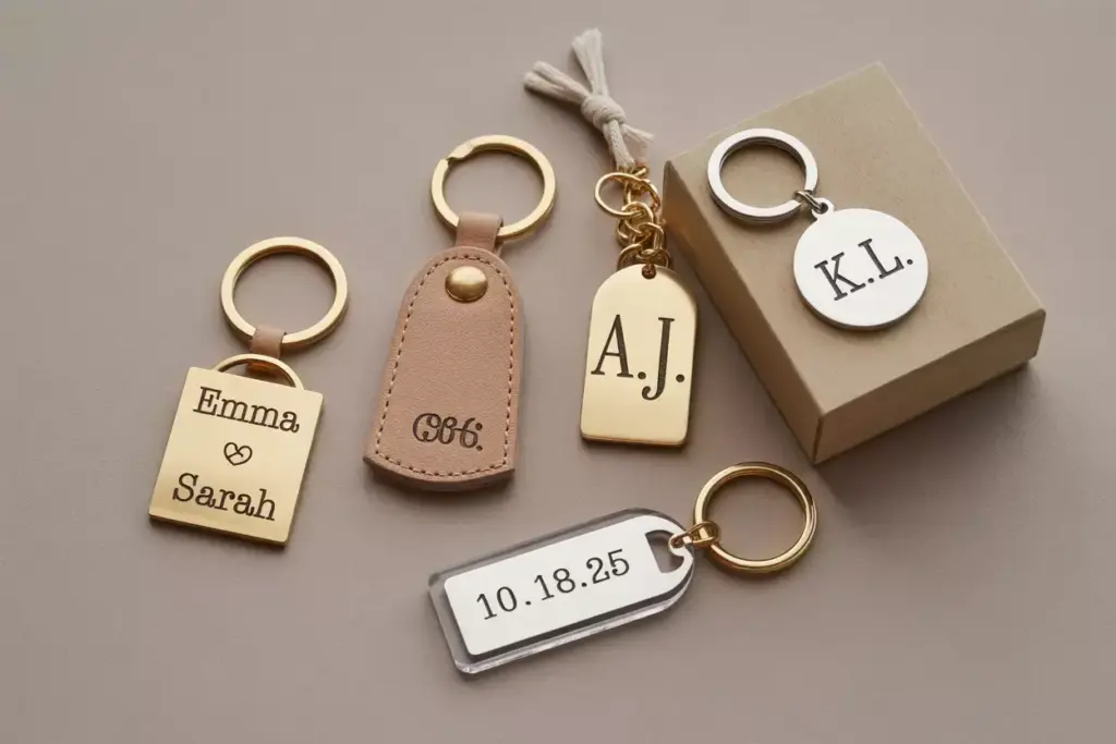 Personalized keychains initials names wedding date gift packaging